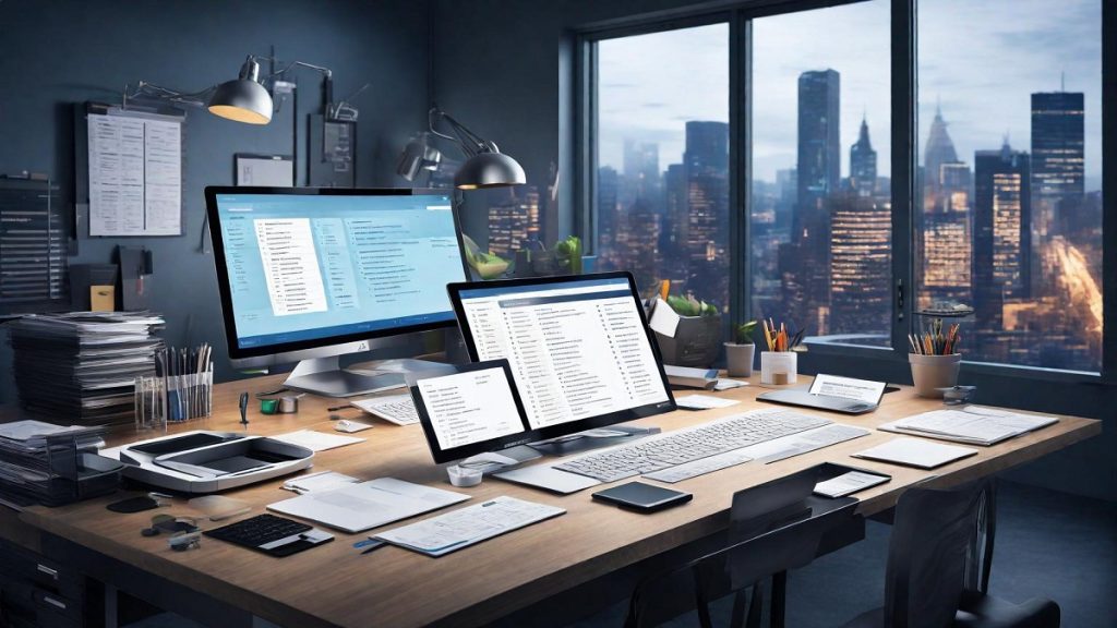 a sleek, modern workspace with a computer screen displaying a list alphabetizer tool. Various items, such as papers, folders, and stationery, are neatly organized on the desk. The background showcases a bustling cityscape, symbolizing productivity and efficiency in a dynamic environment. A spotlight illuminates the computer screen, emphasizing the power of the list alphabetizer in mastering efficiency.