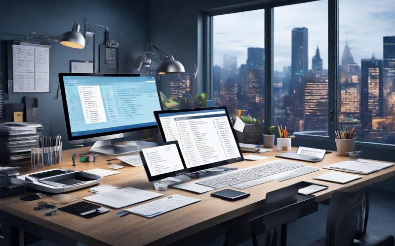 a sleek, modern workspace with a computer screen displaying a list alphabetizer tool. Various items, such as papers, folders, and stationery, are neatly organized on the desk. The background showcases a bustling cityscape, symbolizing productivity and efficiency in a dynamic environment. A spotlight illuminates the computer screen, emphasizing the power of the list alphabetizer in mastering efficiency.