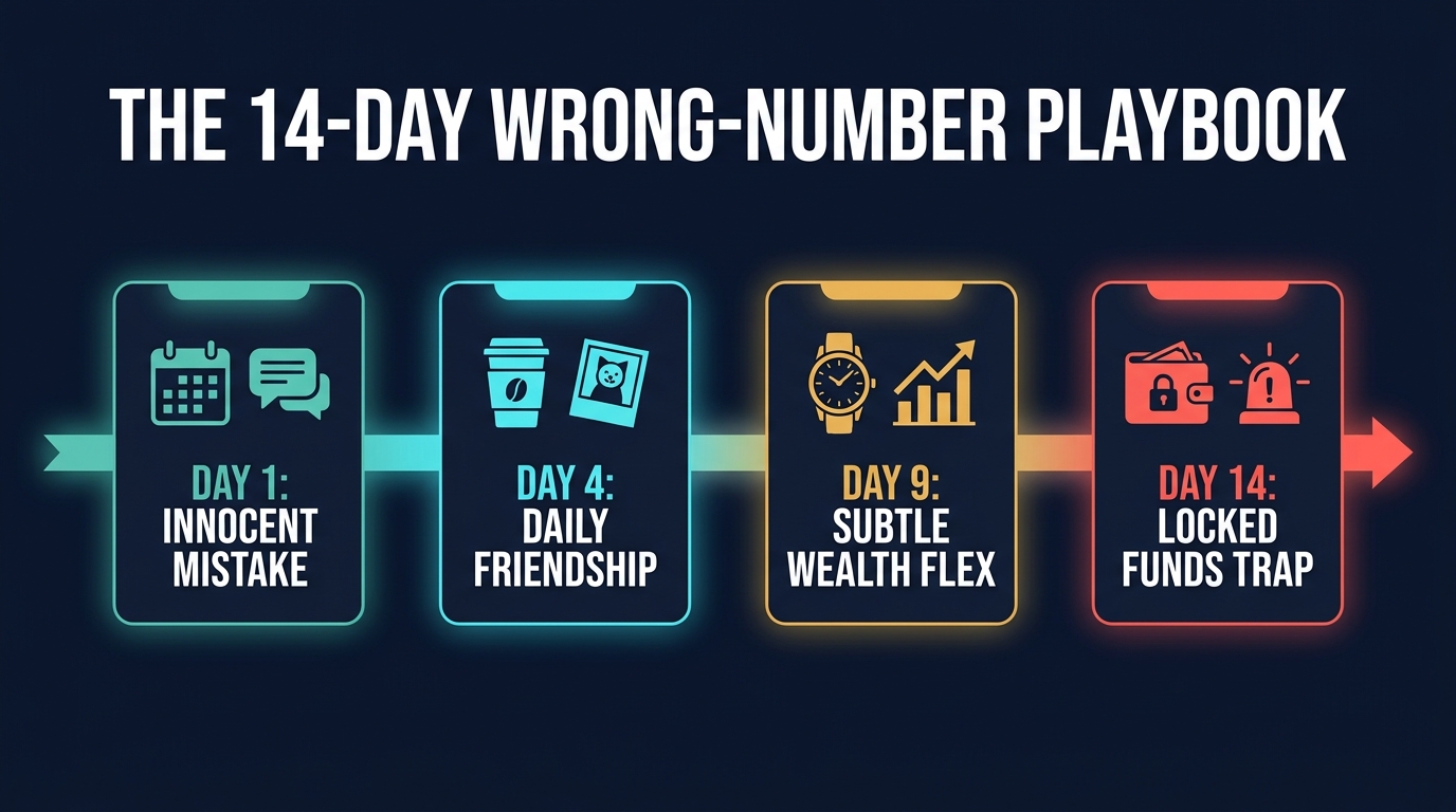 14-day psychological timeline showing Day 1 Innocent Mistake, Day 4 Daily Friendship, Day 9 Subtle Wealth Flex, and Day 14 Locked Funds Trap