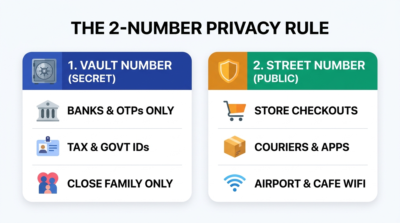 Shareable split card comparing 1. Vault Number (Secret: Banks & OTPs Only, Tax & Govt IDs, Close Family Only) vs 2. Street Number (Public: Store Checkouts, Couriers & Apps, Airport & Cafe WiFi)