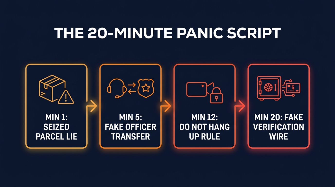 4-step timeline showing Min 1 Seized Parcel Lie, Min 5 Fake Officer Transfer, Min 12 Do Not Hang Up Rule, and Min 20 Fake Verification Wire