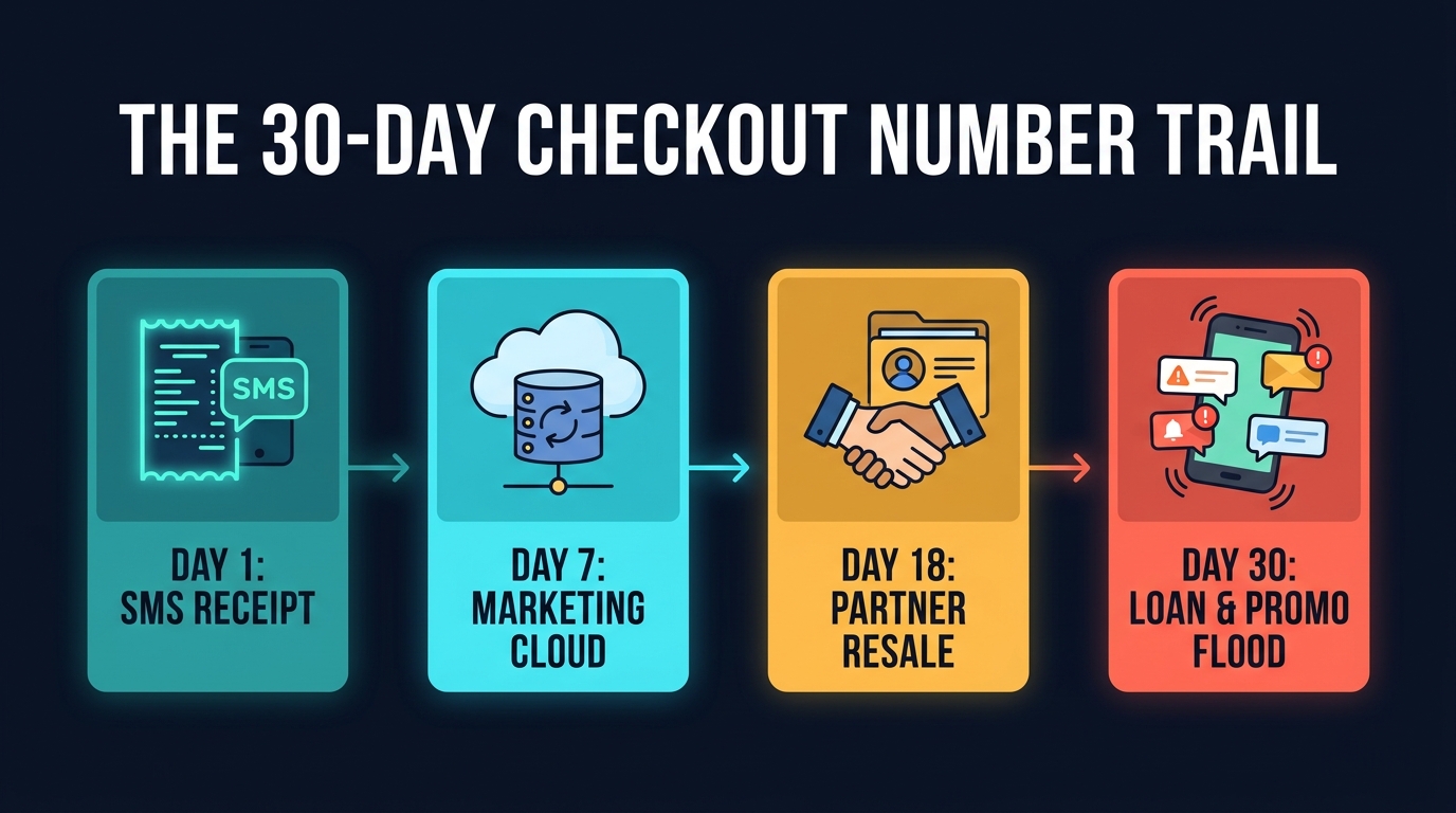 4-step timeline showing Day 1 SMS Receipt, Day 7 Marketing Cloud, Day 18 Partner Resale, and Day 30 Loan & Promo Flood