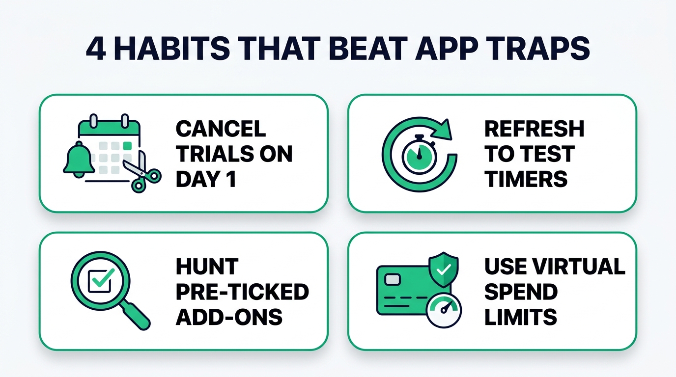 Shareable 2x2 wallet-defense card showing 4 Habits That Beat App Traps: Cancel Trials on Day 1, Refresh to Test Timers, Hunt Pre-Ticked Add-Ons, and Use Virtual Spend Limits