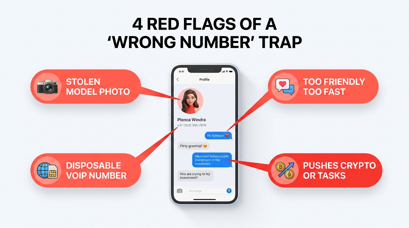 Detective X-ray guide card highlighting 4 red flags of a Wrong Number WhatsApp trap