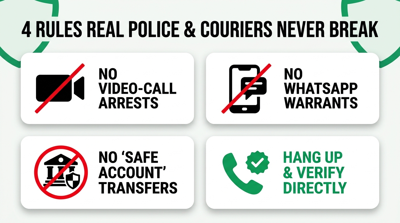 Shareable family safety poster listing 4 rules real police and couriers never break: No Video-Call Arrests, No WhatsApp Warrants, No Safe Account Transfers, Hang Up & Verify Directly