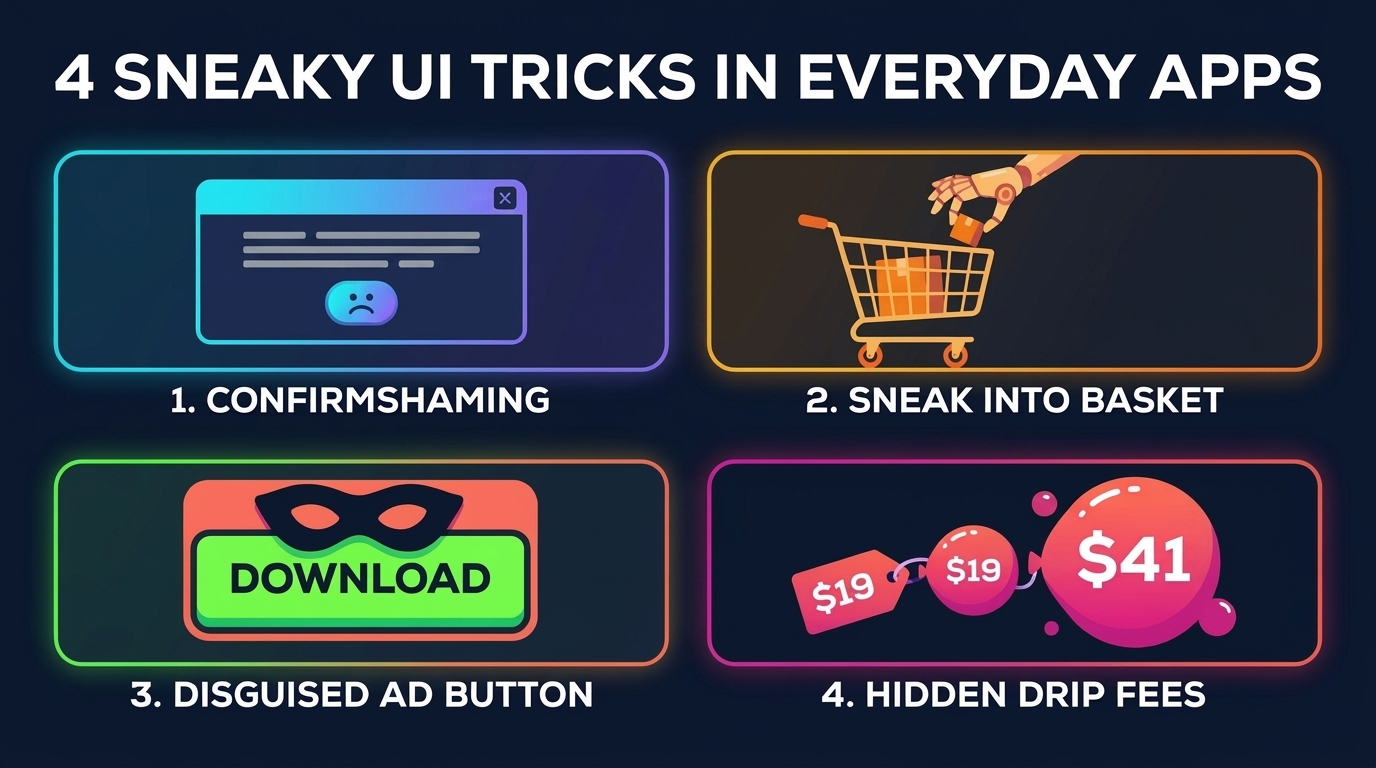 2x2 illustrated grid showing 1. Confirmshaming, 2. Sneak Into Basket, 3. Disguised Ad Button, and 4. Hidden Drip Fees ($19 inflating to $41)