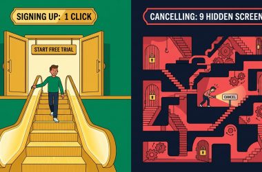 Split-screen cutaway showing Signing Up: 1 Click down a golden escalator into Start Free Trial vs Cancelling: 9 Hidden Screens inside a dark labyrinth searching for a tiny Cancel button