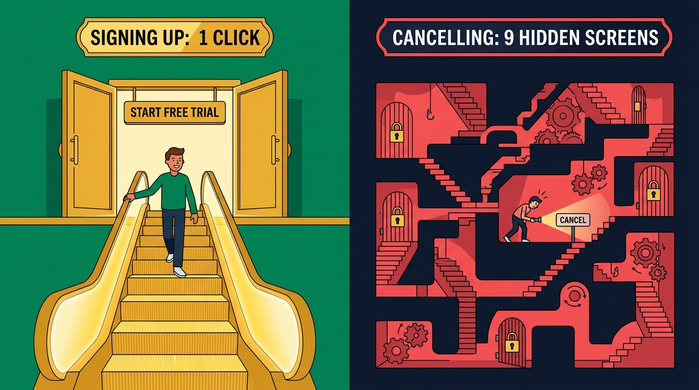 Split-screen cutaway showing Signing Up: 1 Click down a golden escalator into Start Free Trial vs Cancelling: 9 Hidden Screens inside a dark labyrinth searching for a tiny Cancel button