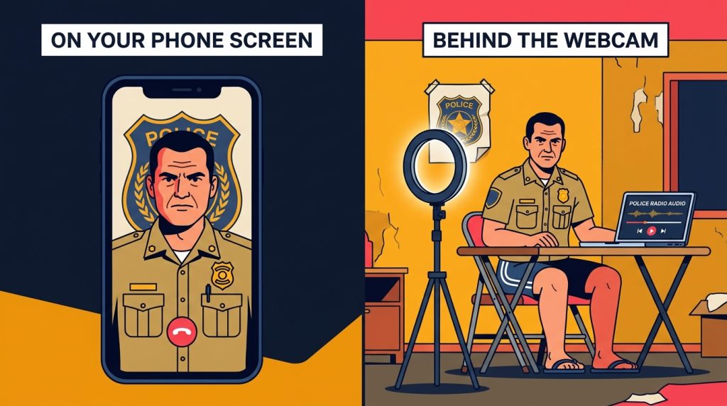 Split-screen cutaway comparing a stern uniformed officer on a phone video call vs behind the webcam: gym shorts, taped wall poster, ring light, and police radio audio on a laptop