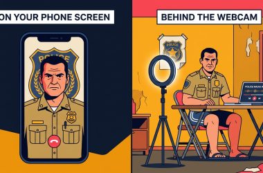 Split-screen cutaway comparing a stern uniformed officer on a phone video call vs behind the webcam: gym shorts, taped wall poster, ring light, and police radio audio on a laptop