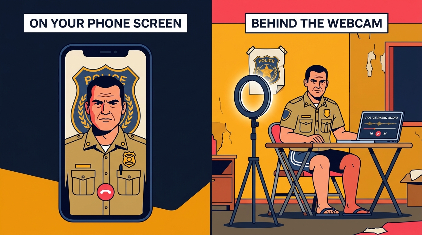 Split-screen cutaway comparing a stern uniformed officer on a phone video call vs behind the webcam: gym shorts, taped wall poster, ring light, and police radio audio on a laptop