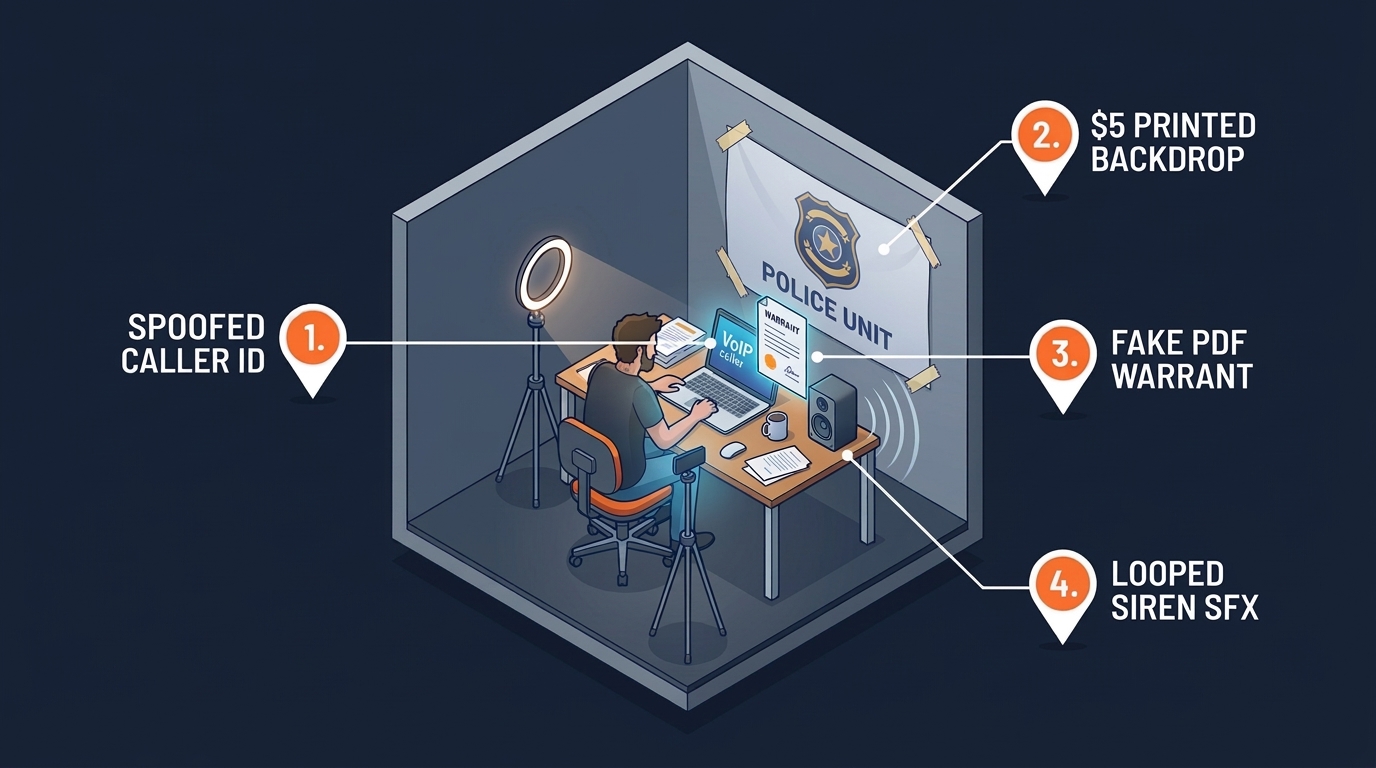 Isometric cutaway of a fake authority scam room showing Spoofed Caller ID, $5 Printed Backdrop, Fake PDF Warrant, and Looped Siren SFX
