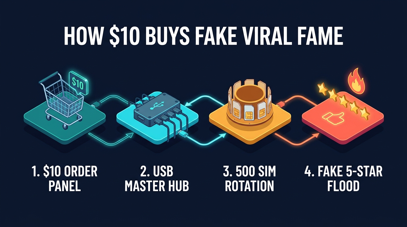 4-step horizontal pipeline showing 1. $10 Order Panel, 2. USB Master Hub, 3. 500 SIM Rotation, and 4. Fake 5-Star Flood