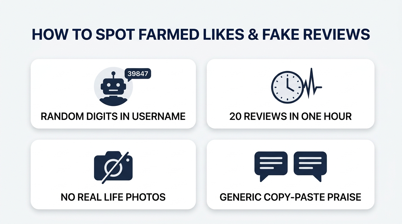 Consumer detective card showing 4 signs of farmed likes and fake reviews: Random Digits in Username, 20 Reviews in One Hour, No Real Life Photos, and Generic Copy-Paste Praise