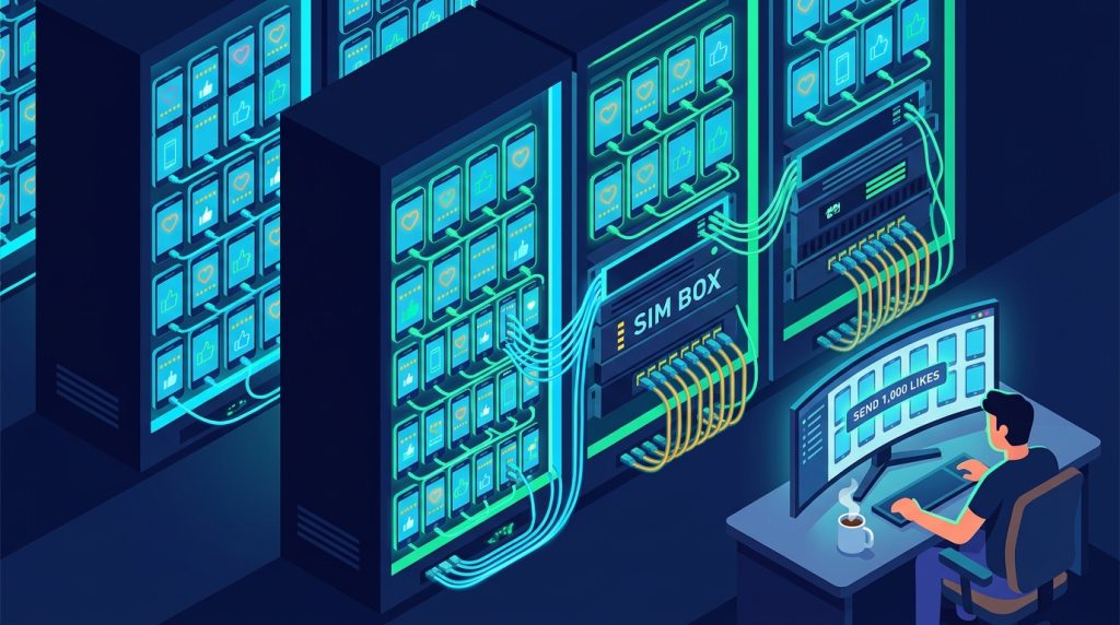 Isometric cutaway of an industrial warehouse filled with glowing smartphone racks wired into a SIM Box while one operator clicks Send 1,000 Likes