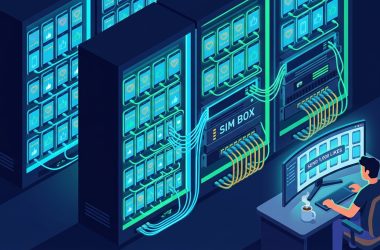 Isometric cutaway of an industrial warehouse filled with glowing smartphone racks wired into a SIM Box while one operator clicks Send 1,000 Likes