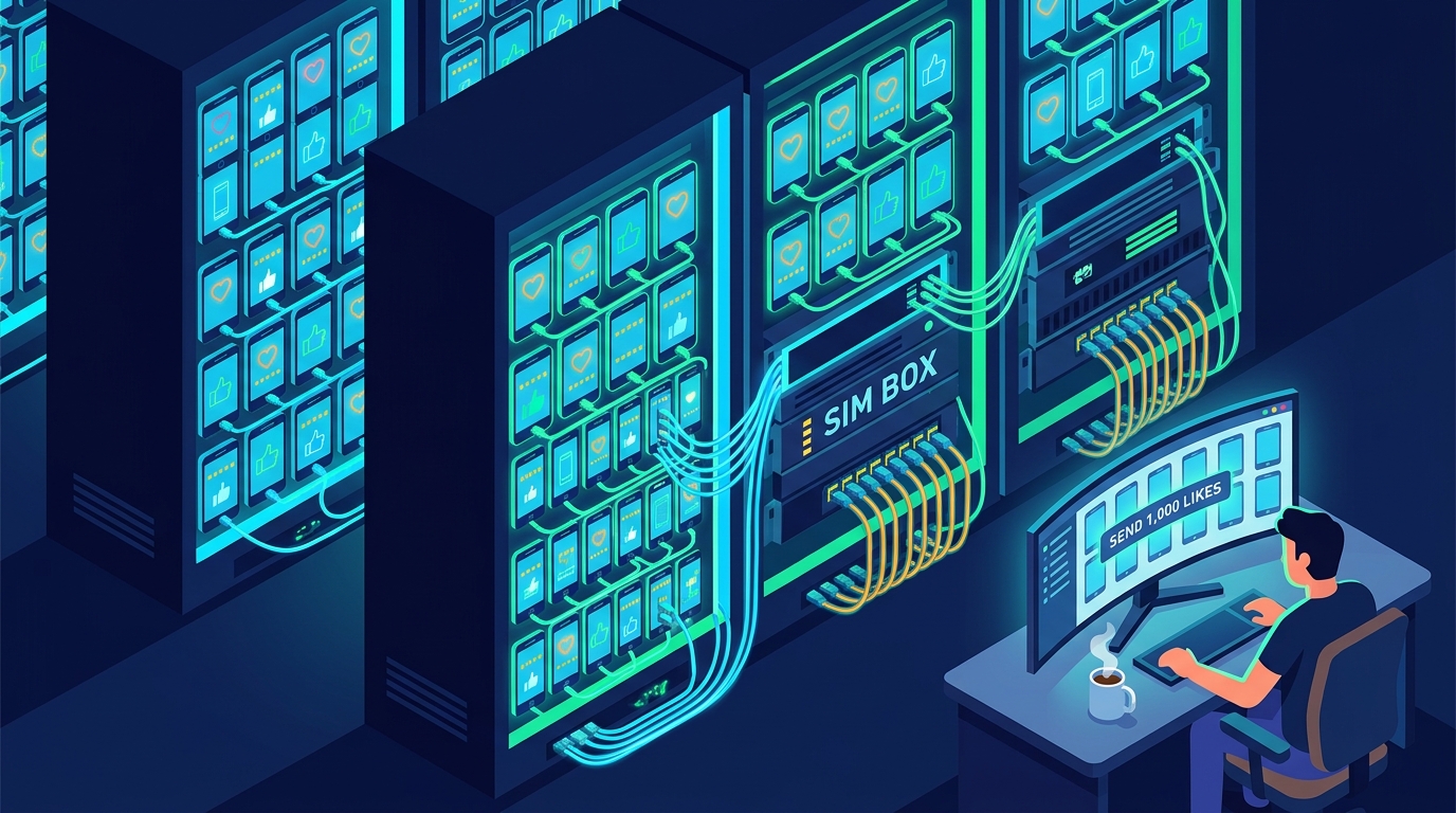 Isometric cutaway of an industrial warehouse filled with glowing smartphone racks wired into a SIM Box while one operator clicks Send 1,000 Likes