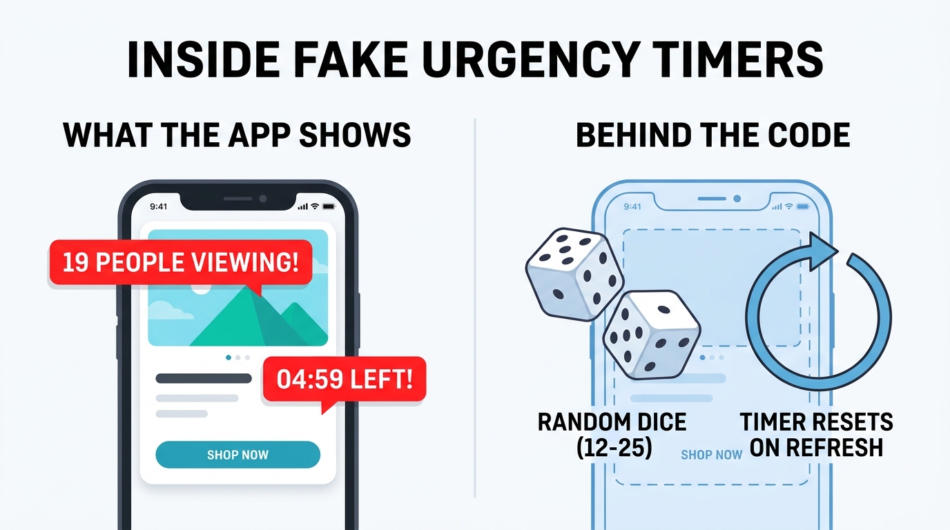 Split X-ray infographic comparing What The App Shows (19 People Viewing! and 04:59 Left!) vs Behind The Code (Random Dice 12-25 and Timer Resets on Refresh)