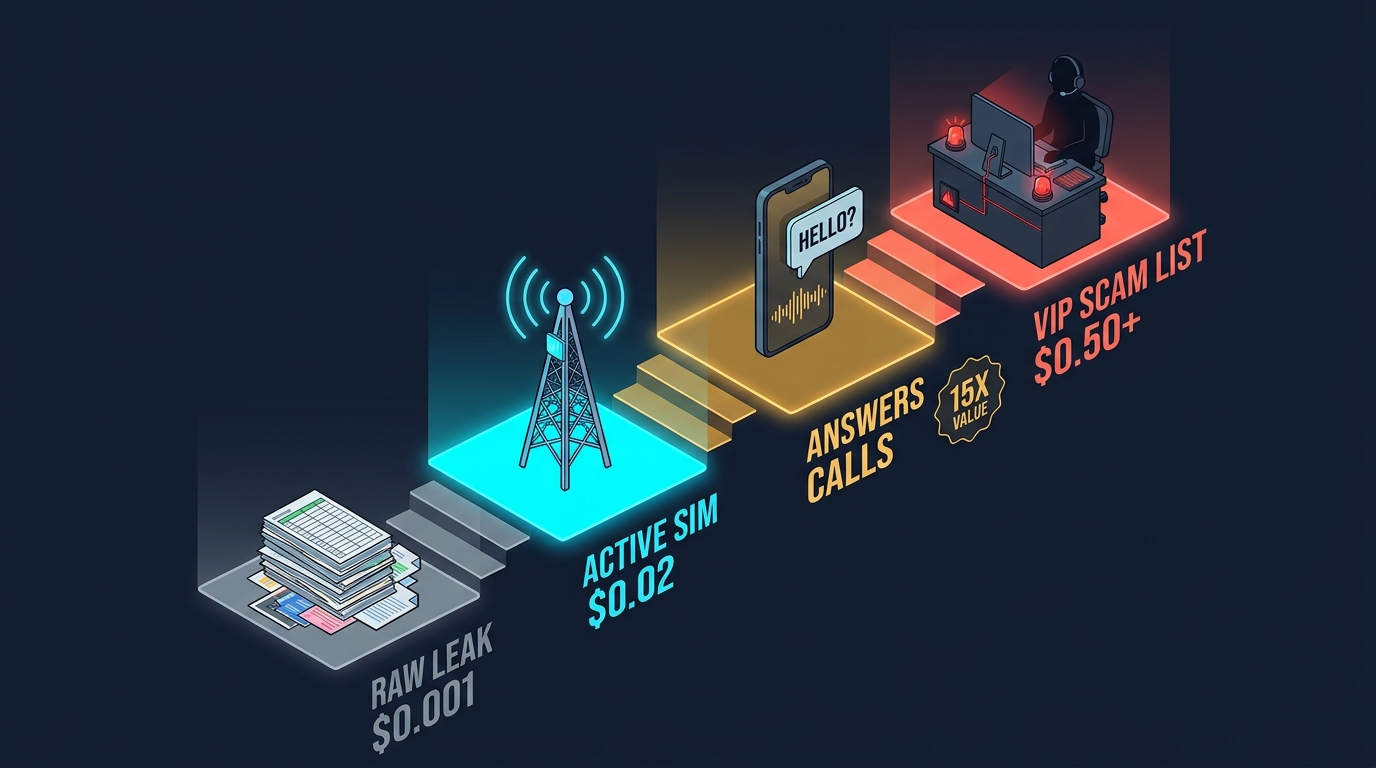 Infographic staircase showing how a phone number rises in black-market value from $0.001 Raw Leak to $0.50+ VIP Scam List after answering a silent call