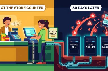 Split-screen cutaway showing a shopper dictating their phone number at a store register to save $2 vs 30 days later when underground data pipes route it to Retail CRM, Data Brokers, and Spam Callers