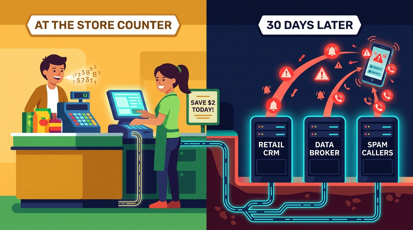 Split-screen cutaway showing a shopper dictating their phone number at a store register to save $2 vs 30 days later when underground data pipes route it to Retail CRM, Data Brokers, and Spam Callers
