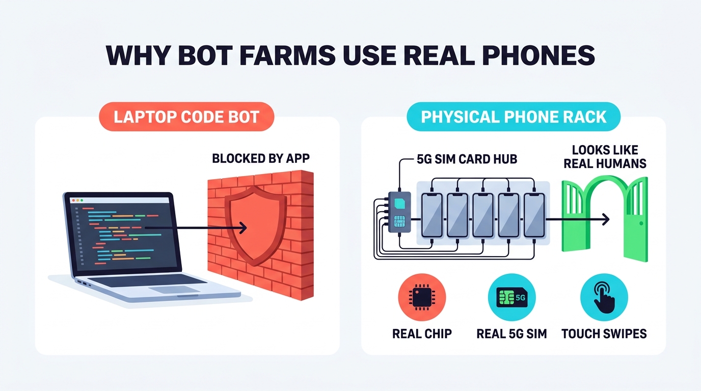 Comparison infographic showing Laptop Code Bot blocked by an app firewall vs Physical Phone Rack with 5G SIM hub passing through as Real Humans