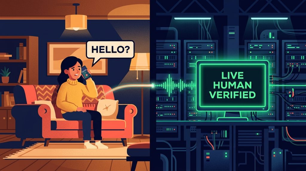 Split-screen illustration showing a person saying Hello into a smartphone while an automated server room tags their number as Live Human Verified