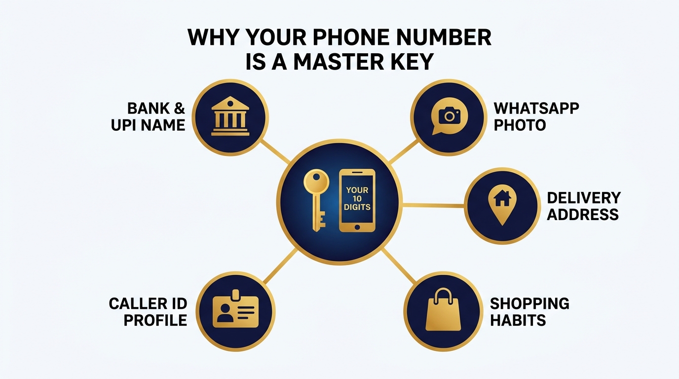 Hub-and-spoke diagram showing Your 10 Digits as a golden master key unlocking Bank & UPI Name, WhatsApp Photo, Delivery Address, Shopping Habits, and Caller ID Profile