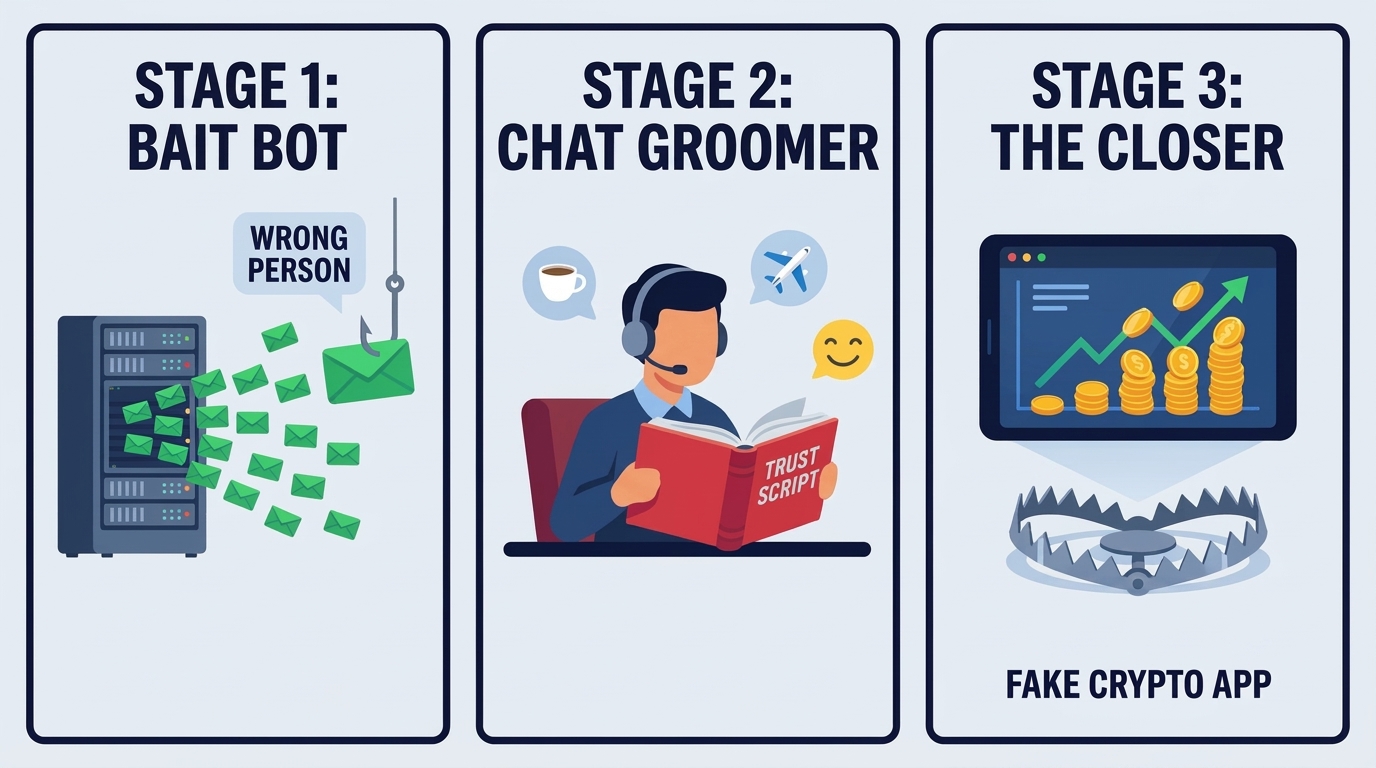 3-panel infographic showing Stage 1 Bait Bot, Stage 2 Chat Groomer with Trust Script binder, and Stage 3 The Closer with a Fake Crypto App trap