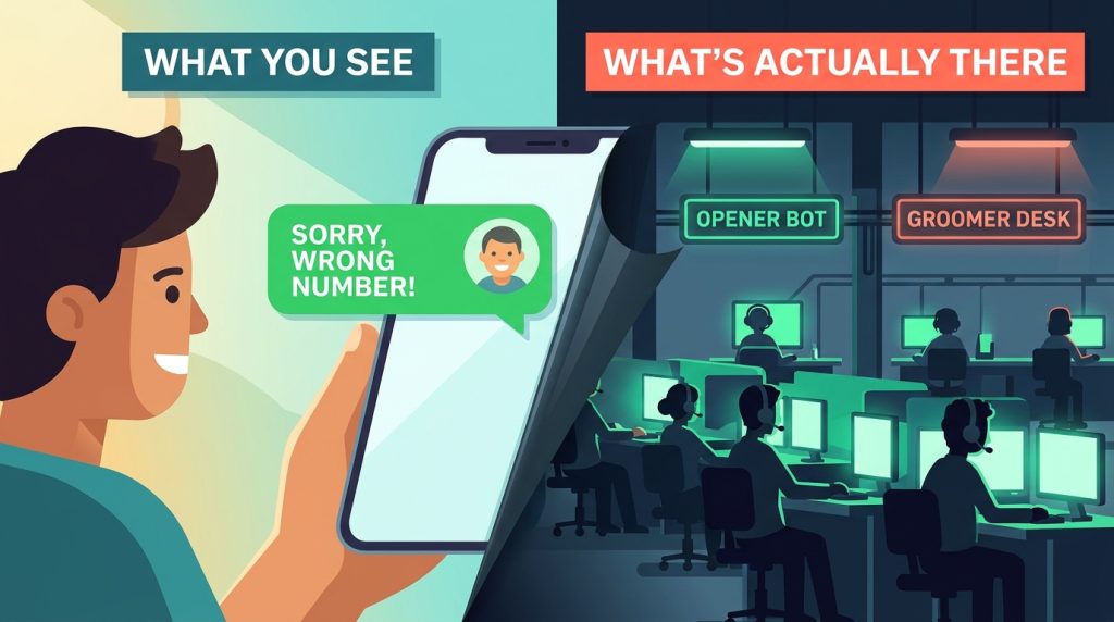 Split-screen cutaway showing an innocent Wrong Number WhatsApp message on the left vs an industrial 30-desk scam call center on the right