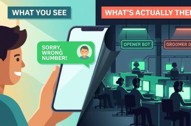 Split-screen cutaway showing an innocent Wrong Number WhatsApp message on the left vs an industrial 30-desk scam call center on the right