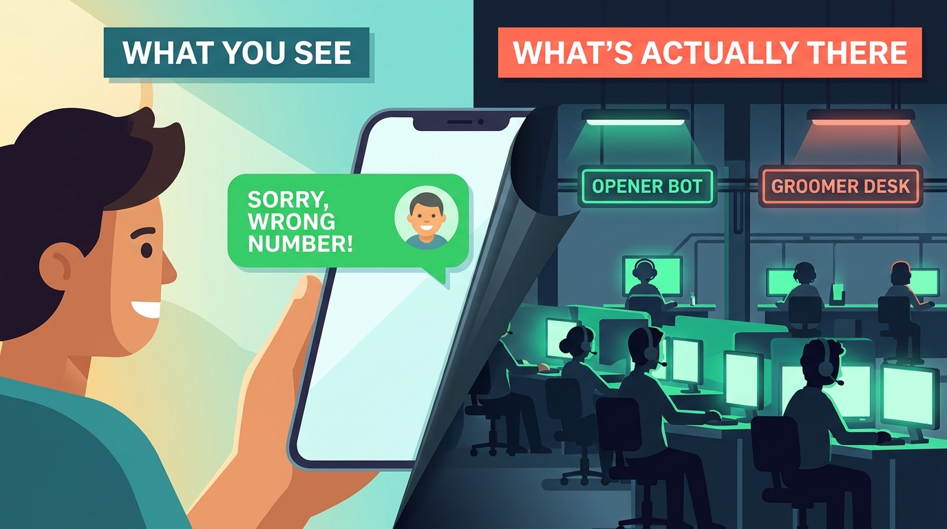 Split-screen cutaway showing an innocent Wrong Number WhatsApp message on the left vs an industrial 30-desk scam call center on the right